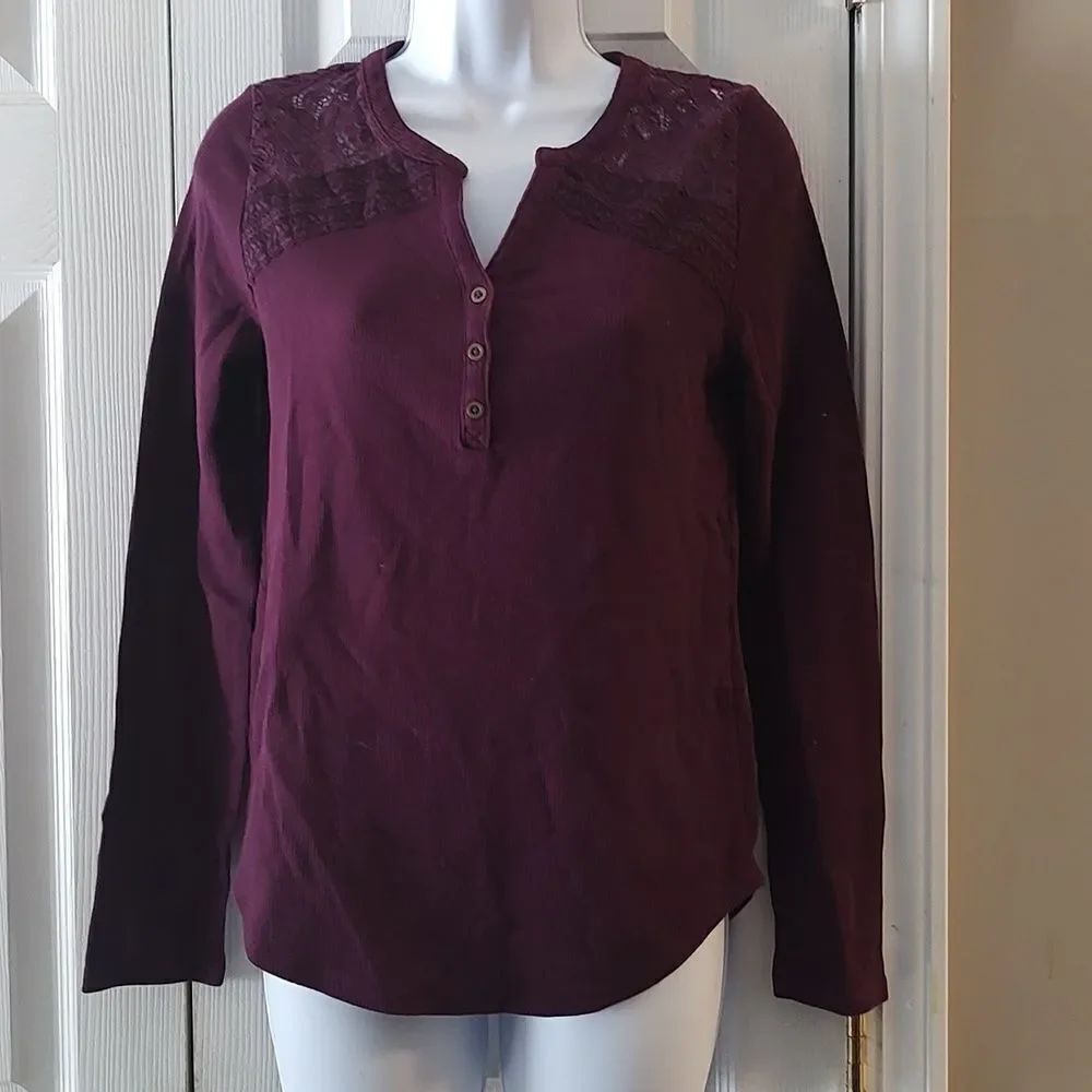 Lucky Brand eggplant purple waffle lace long sleeve top shirt Sz M